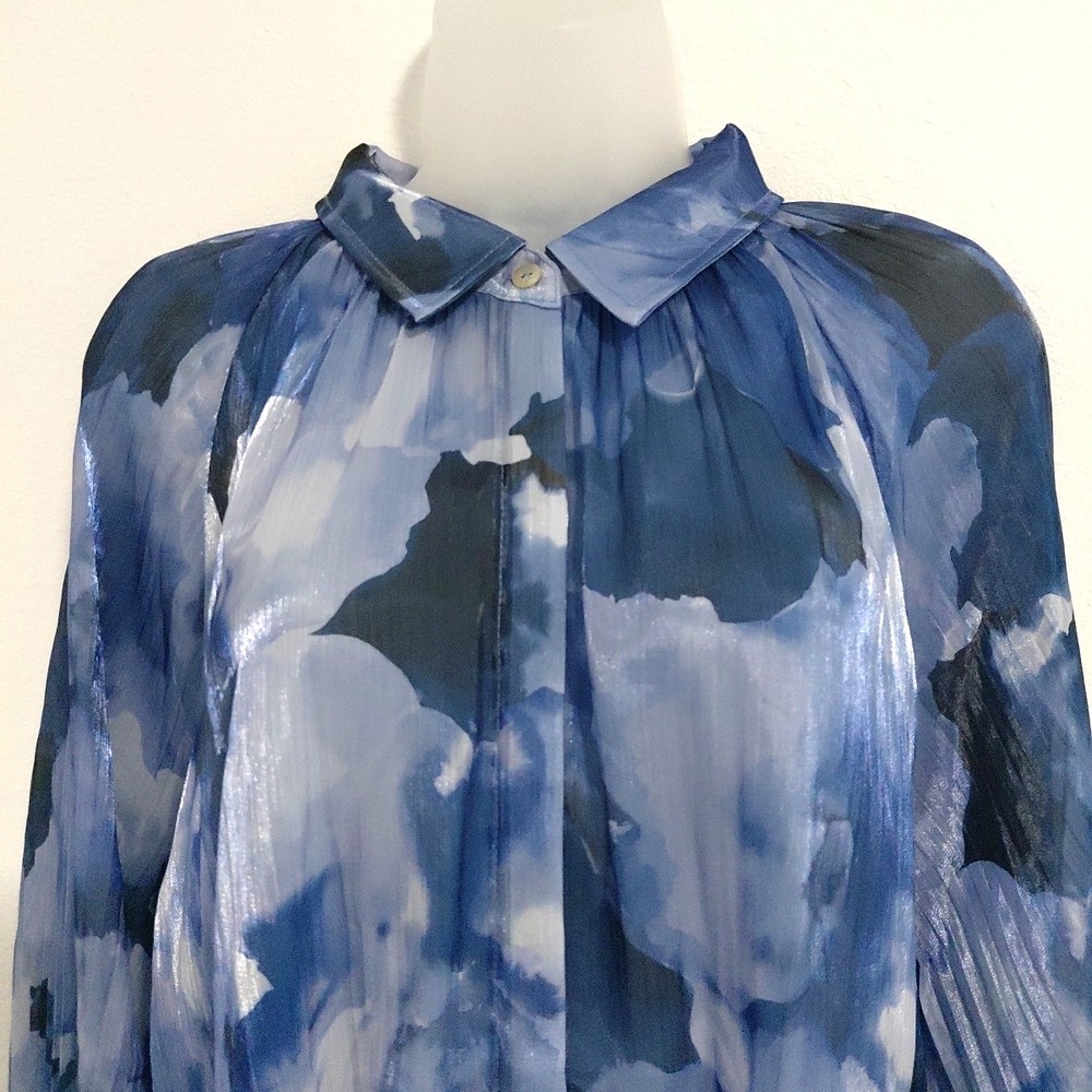 Susan Graver OCCASIONS Tunic Blouse Top LARGE‎ Blue Floral Sheen Flowing Sheer - Picture 2 of 12